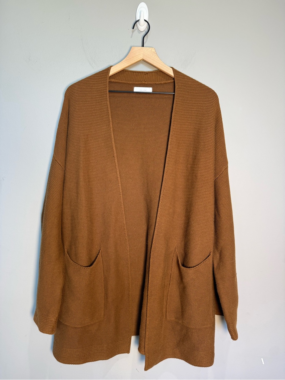 Oak + Fort 100% Cotton Open Front Chunky Knit Cardigan Camel Brown Medium